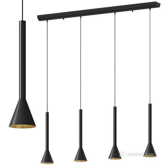 Modern Multiple Hanging Pendant Lights With Black Conical Design And Gold Interior 3d model