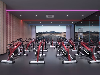 Modern Fitness Studio With Spin Bikes Neon Lights And Large Screen 3d model