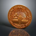 Golden Round Decorative Daily Necessity with Intricate Embossed Building Pattern 3d model