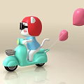 Cartoon Cat In Red Helmet And Sunglasses Riding Light Green Scooter With Heart Balloons