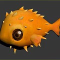 Cute Yellow Puffer Fish With Big Eyes Spikes And Orange Tail