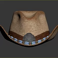 Classic Brown Straw Hat Featuring Leather Band Blue Beads And Round Badge
