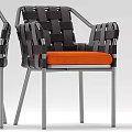 Modern Dining Table Set With Wooden Top And Woven Chairs Orange Cushions