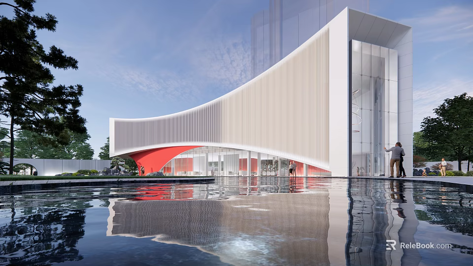 Modern Sales Office Building With Curved White Facade Glass Elements And Water Pool Reflection 3d model 
