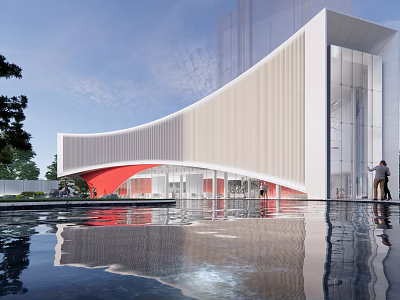 Modern Sales Office Building With Curved White Facade Glass Elements And Water Pool Reflection 3d model