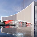 Modern Sales Office Building With Curved White Facade Glass Elements And Water Pool Reflection