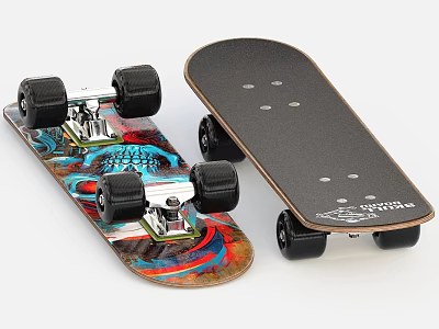 Sports Equipment Skateboard With Colorful Graphic Deck Black Base And Wheels 3d model