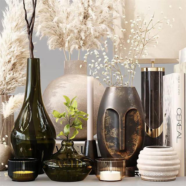 Elegant Decorative Ornament Set With Glass Metallic Vases Dried Flowers And Table Lamp 3d model 