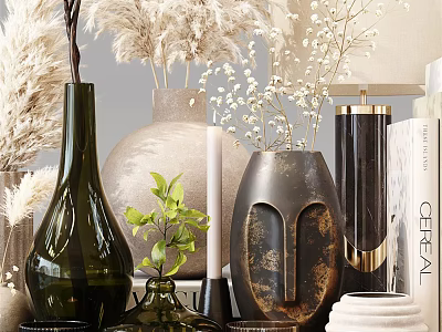 Elegant Decorative Ornament Set With Glass Metallic Vases Dried Flowers And Table Lamp 3d model