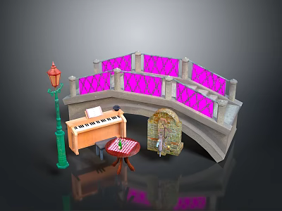 Modern Urban Scene Featuring Pink Railings Bridge Green Street Lamp Piano And Table 3d model