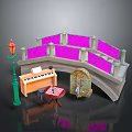 Modern Urban Scene Featuring Pink Railings Bridge Green Street Lamp Piano And Table