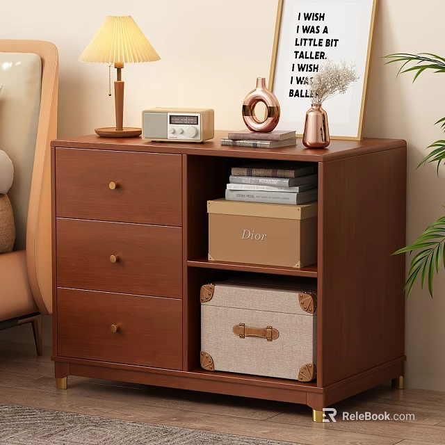 Modern Wooden Entryway Cabinet Sideboard With Drawers Open Shelves Storage Boxes Decorative Lamp And Radio 3d model 
