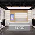 Open Public Office Space Interior With Ceiling Lighting Logo Display Stand And Equipment Stands 3d model