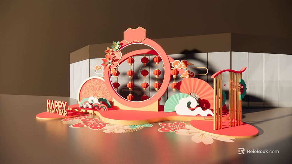 Festive Chinese New Year Decoration With Red Lanterns Fans Flowers And Happy New Year Sign 3d model 