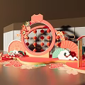 Festive Chinese New Year Decoration With Red Lanterns Fans Flowers And Happy New Year Sign