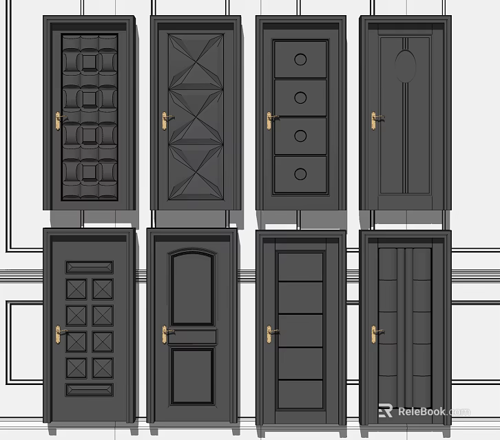 Stylish Black Hinged Doors With Diverse Panel Designs And Gold Handles 3d model