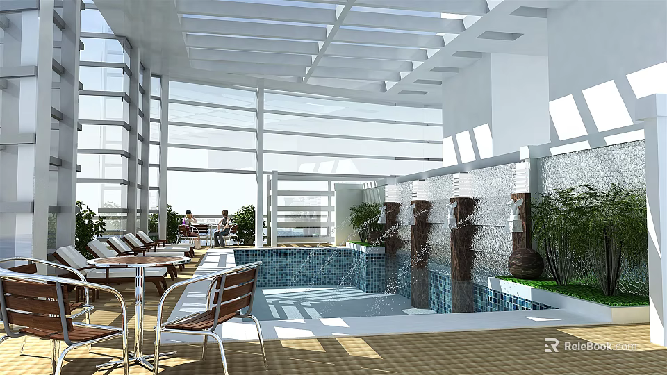 Modern Indoor Swimming Pool With Large Glass Windows Natural Light Lounge Chairs And Water Wall 3d model 