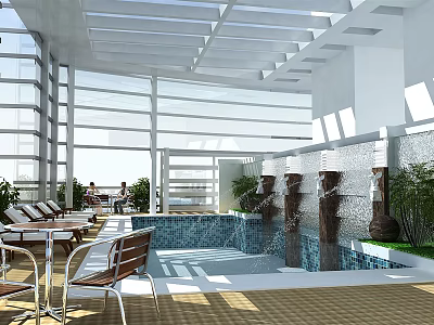 Modern Indoor Swimming Pool With Large Glass Windows Natural Light Lounge Chairs And Water Wall 3d model