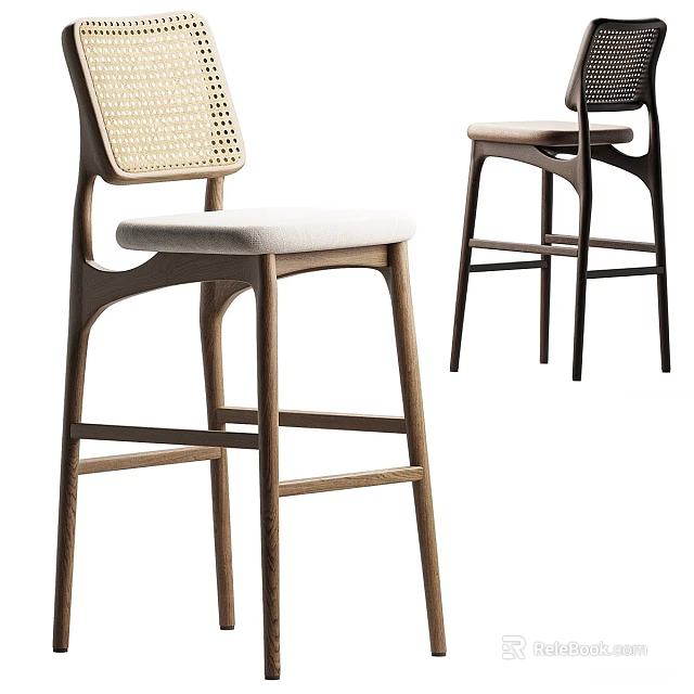 Modern Bar Stools With Wooden Frame Woven Backrest And Upholstered Seat 3d model 