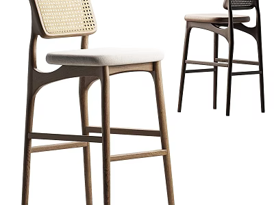 Modern Bar Stools With Wooden Frame Woven Backrest And Upholstered Seat 3d model