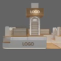 Modern Exhibition Booth Design With Multiple Logo Displays And Display Shelves