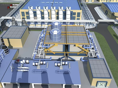 Industrial Plant Featuring Multiple Buildings Blue Roofs White Storage Tanks And Pipeline Systems 3d model