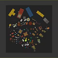 Modern Colorful Toy Building Blocks And Parts Scattered On Black Surface