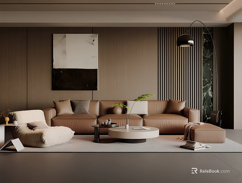 Modern Living Room With Brown Sofa Floor Lamp Green Plant And Round Coffee Table 3d model 