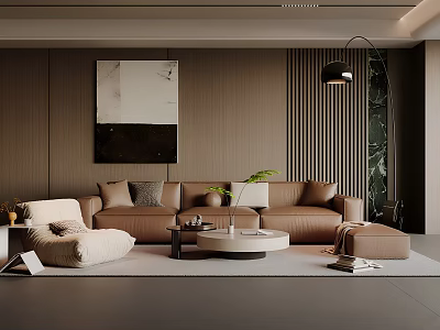 Modern Living Room With Brown Sofa Floor Lamp Green Plant And Round Coffee Table 3d model