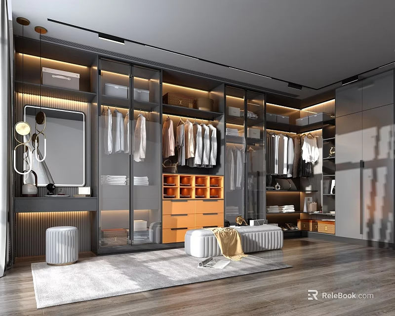 Modern Walk in Closet Interior Design With Hanging Clothes Drawers Mirror And Ambient Lighting 3d model 