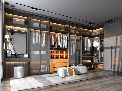 Modern Walk in Closet Interior Design With Hanging Clothes Drawers Mirror And Ambient Lighting 3d model