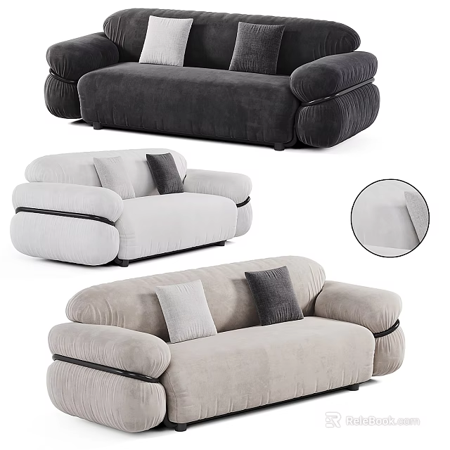 Modern multi-seat velvet sofas in dark gray light gray beige with plush cushions and armrests 3d model 