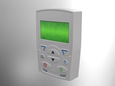 Industrial Equipment Control Panel With Green Digital Display Blue Red Buttons Start And Help Buttons 3d model