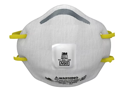 White N95 Protective Mask With Yellow Straps And Warning Label 3d model