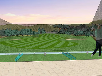 Well Maintained Golf Course With Green Lawn Fairway Trees Mountains And Glass Railings 3d model
