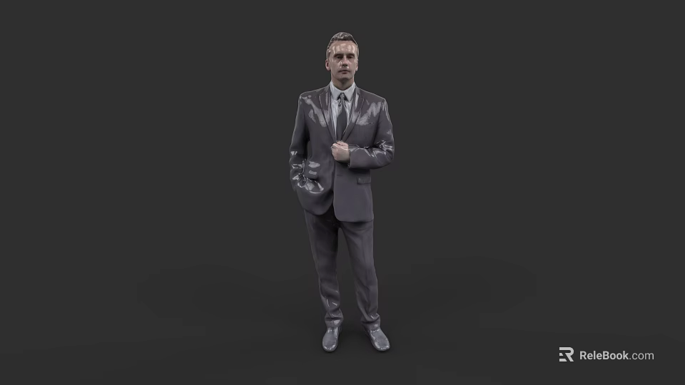 A Man in Dark Gray Suit with Tie Standing in Neutral Gray Background 3D Rendering 3d model 