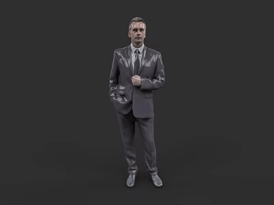 A Man in Dark Gray Suit with Tie Standing in Neutral Gray Background 3D Rendering 3d model