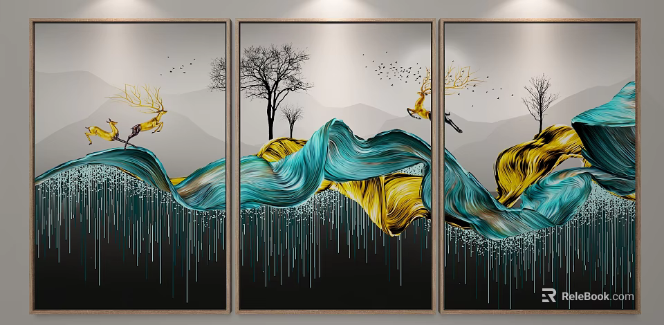 Modern Abstract Triptych Wall Art With Blue Yellow Wavy Patterns Trees Deer And Mountain Background 3d model 
