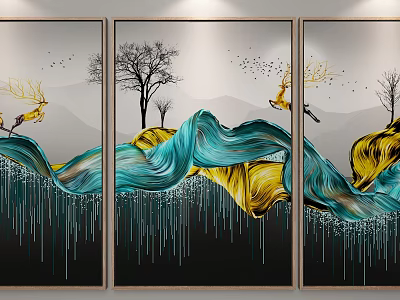 Modern Abstract Triptych Wall Art With Blue Yellow Wavy Patterns Trees Deer And Mountain Background 3d model