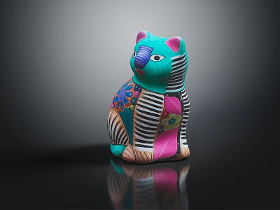 Vibrant Turquoise Cat Decorative Figurine With Floral Patterns Striped Details And Colorful Design 3d model