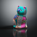Vibrant Turquoise Cat Decorative Figurine With Floral Patterns Striped Details And Colorful Design