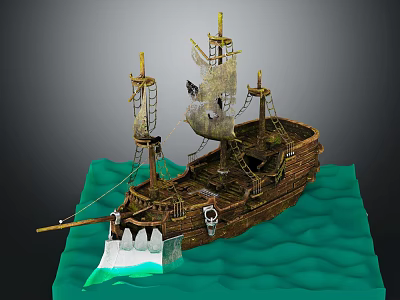 Vintage Wooden Ship With Sails Ropes And Classic Design On Ocean Waves 3d model