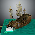 Vintage Wooden Ship With Sails Ropes And Classic Design On Ocean Waves
