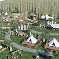 Scenic Camping Site Featuring White Tents Green Grass Tall Trees Winding Paths Activity Areas
