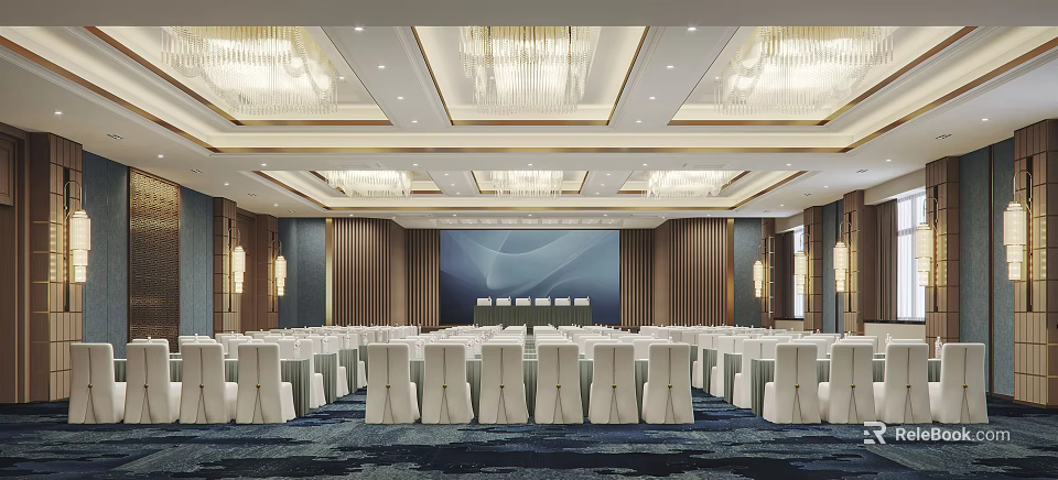 Elegant Conference Room With Arranged White Chairs Large Screen And Chandeliers On Ceiling 3d model 