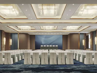 Elegant Conference Room With Arranged White Chairs Large Screen And Chandeliers On Ceiling 3d model
