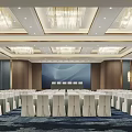 Elegant Conference Room With Arranged White Chairs Large Screen And Chandeliers On Ceiling