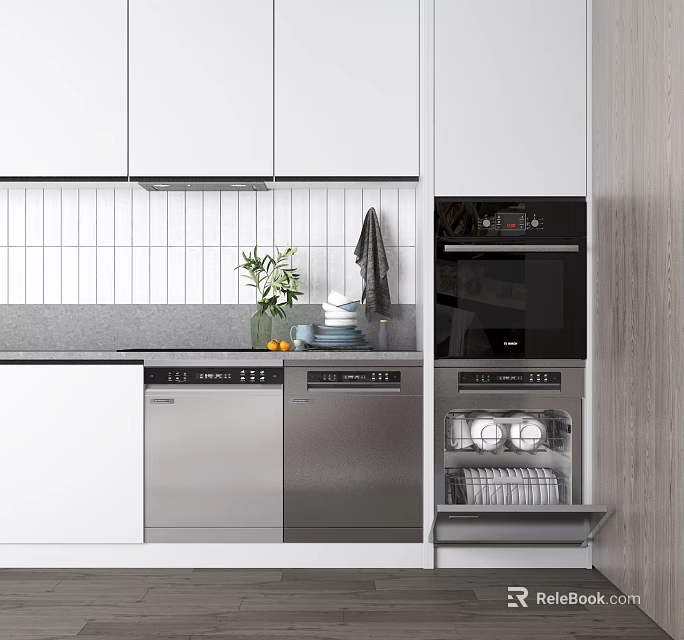 Modern Kitchen Interior With Built In Dishwasher Oven And Stainless Steel Appliances White Cabinets 3d model 