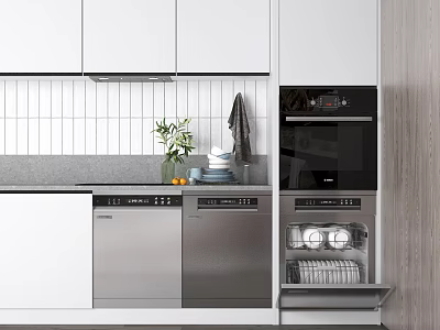 Modern Kitchen Interior With Built In Dishwasher Oven And Stainless Steel Appliances White Cabinets 3d model