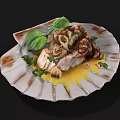 Roasted Chicken Dish with Fresh Basil Parsley and Yellow Sauce on Shell Shaped Plate